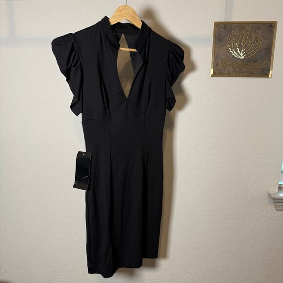 Women's Bebe Black Ruffle Sleeve Keyhole Back Sheath Dress Size XS NEW - Picture 10 of 10